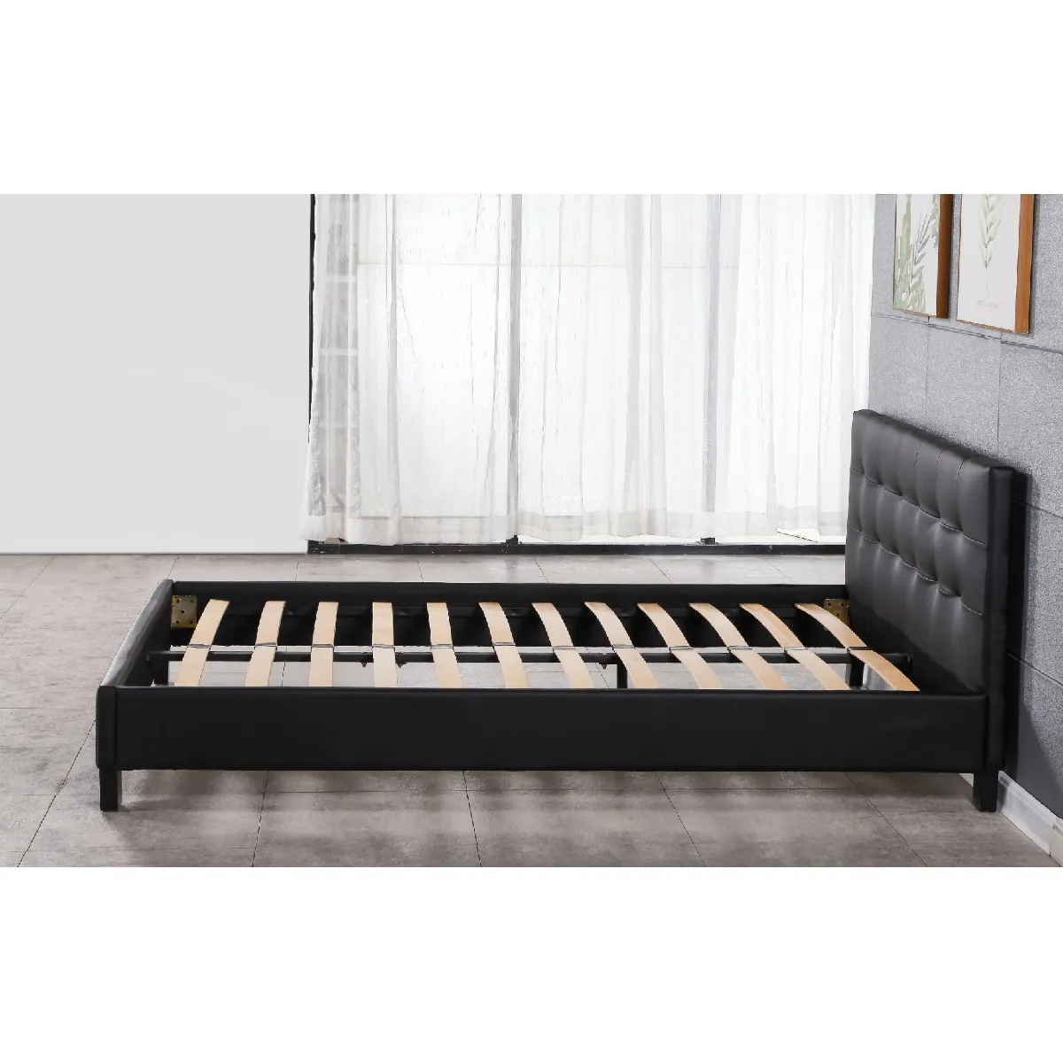 frederic - Solide et Confortable Lit avec Sommier + Tête de Lit Capitonnee Couleur NOIR + Pieds en 10 cm pour matelas en 140x190 - 2 x 13 Lattes - revetement PVC Simili facile d'entretien - Montage Rapide et Facile