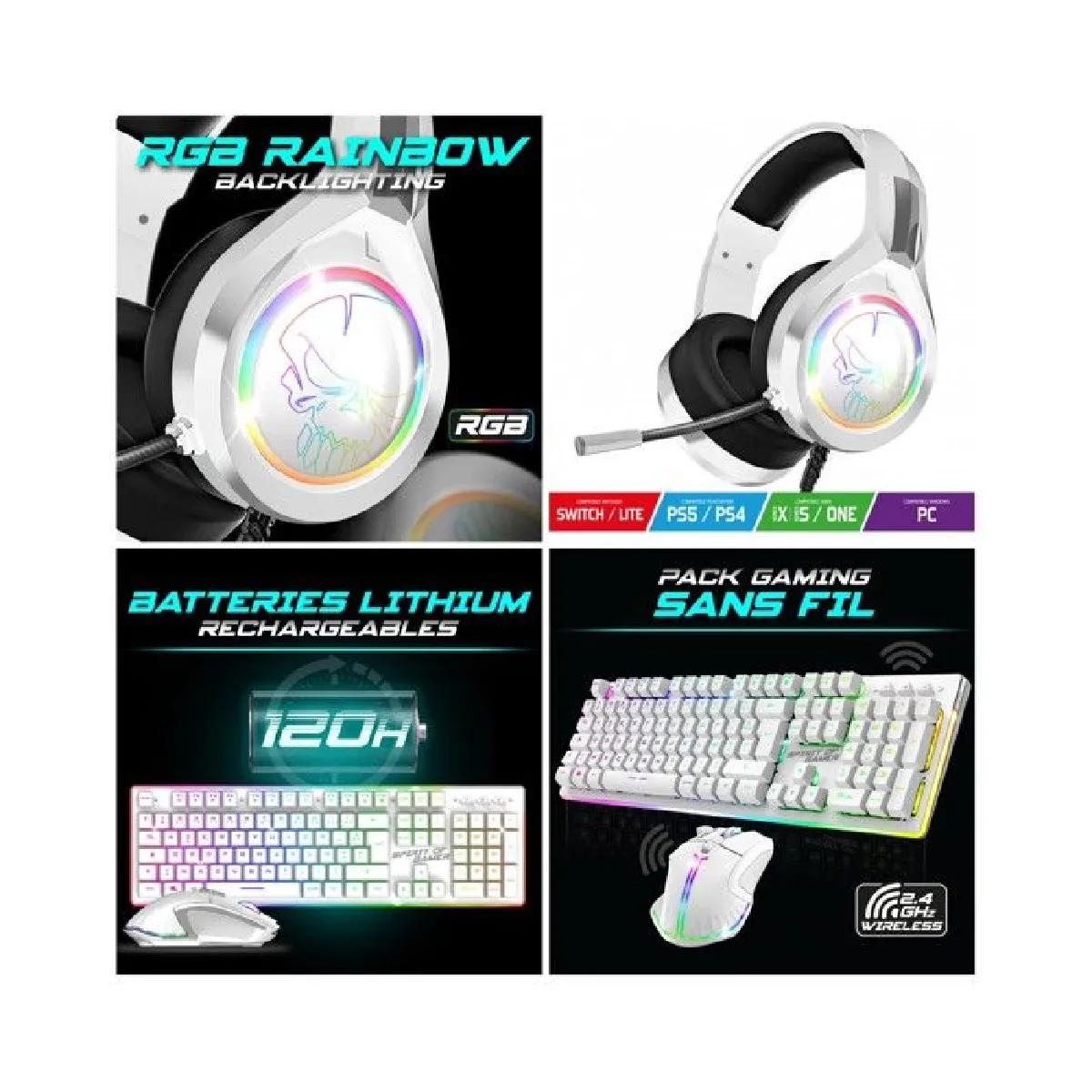 CLAVIER semi mécanique Blanc sans fil WIRELESS RGB PRO + SOURIS sans fil RF 2.4 GHz RGB Rainbow 4800dpi + Casque Gamer Multiplatefor