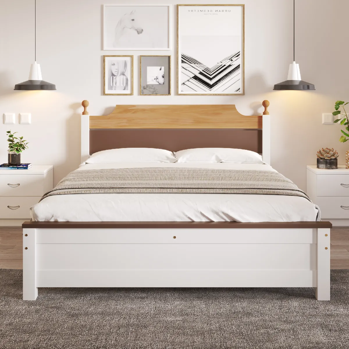 Lit Double En Bois - 140 X 200 cm - Cadre En Pin Avec Pied Central - Tête Et Pied De Lit En Mdf - Blanc