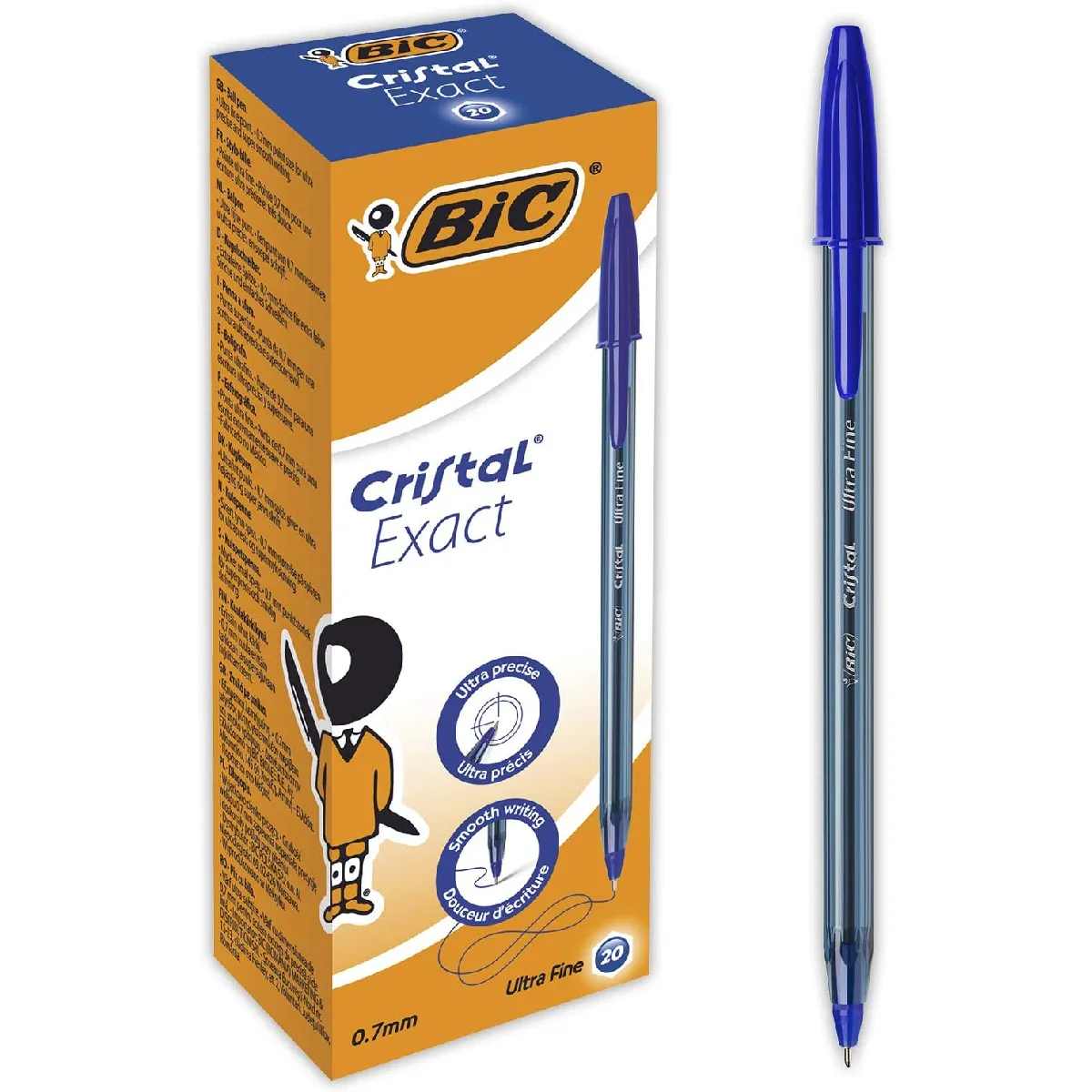 BIC Cristal Exact Stylos-Bille Pointe Aiguille (0,7 mm) - Bleu, Boîte de 20 BIC