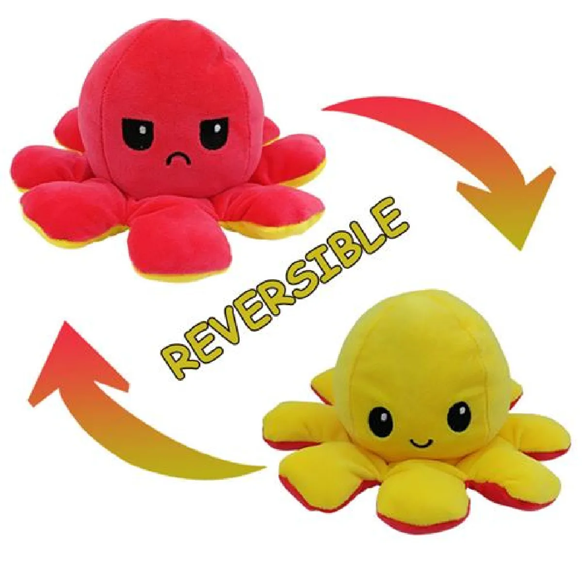 Peluche poulpe réversible double face 20 cm -jaune + rouge