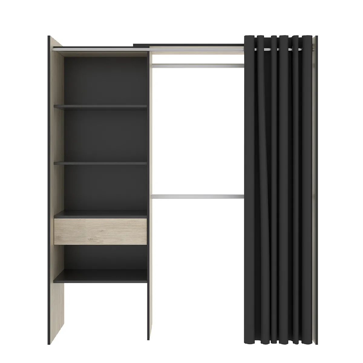 Armoire dressing en bois mélaminé avec penderies, 1 tiroir et 1 rideau coloris chêne naturel, graphite - Longueur 160 x Profondeur 50 x Hauteur 205 cm