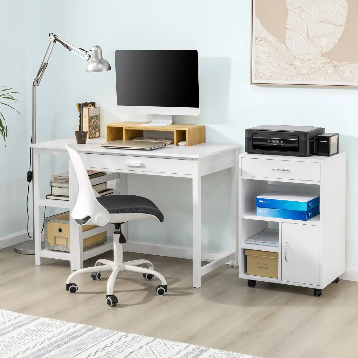 SoBuy FBT106-W Support Imprimante Roulant Bureau Mobile Caisson Meuble de Rangement Bureau avec tiroir et porte Blanc