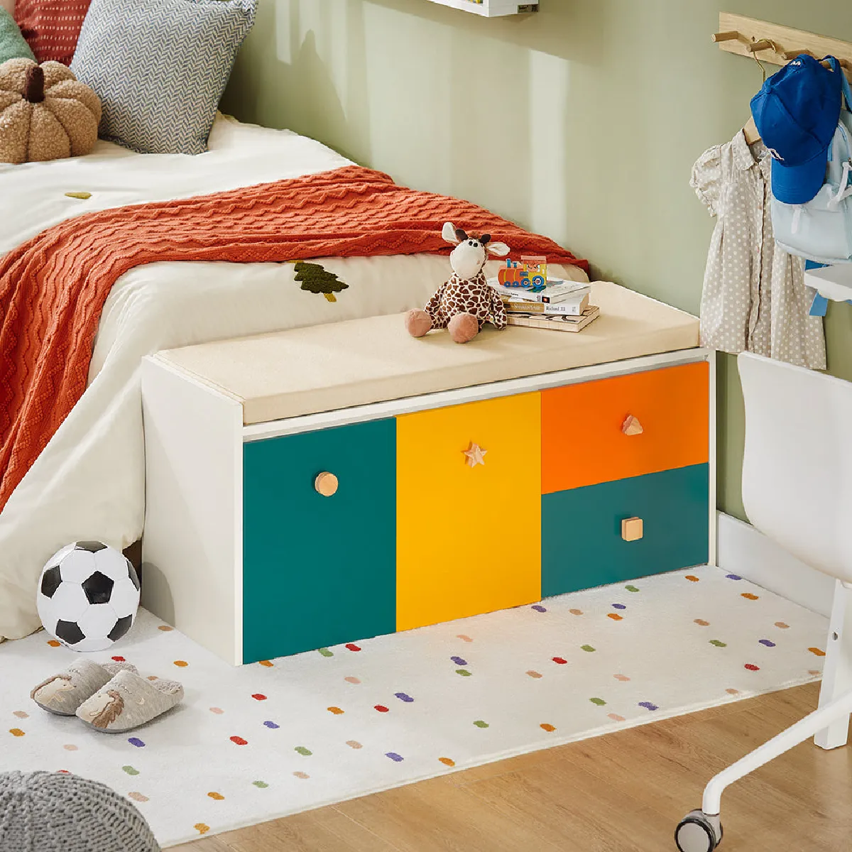 SoBuy KMB82-W Banc de Rangement pour Livres et Jouets pour Enfant, Coffre à Jouets Enfant avec 2 Coffres à Roulettes et 2 Tiroirs Coulissant