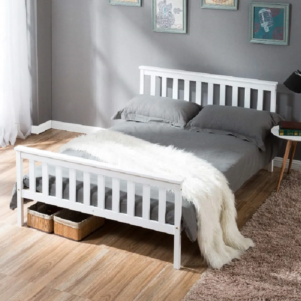 Lit double lit en bois 140 x 200 cm Lit en bois massif avec sommiers à lattes, lit en pin pour adultes, enfants, ados, blanc