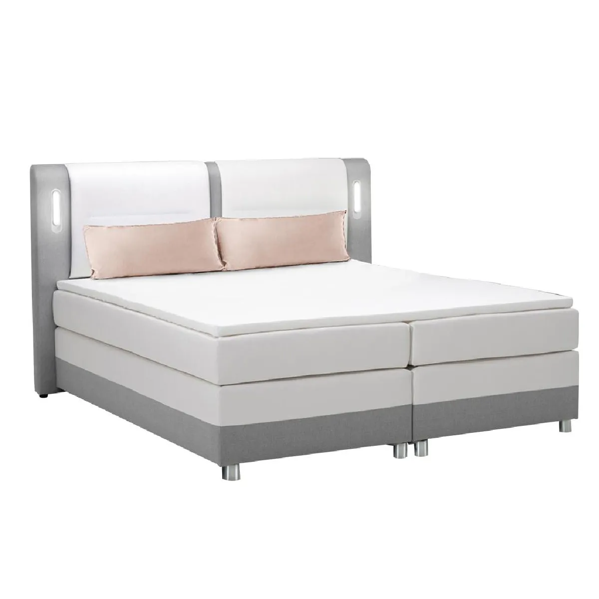 Ensemble complet boxspring tête de lit avec leds + sommiers + matelas + surmatelas - 160 x 200 cm - Tissu et simili - Gris et blanc - RIMINI de YSMÉE