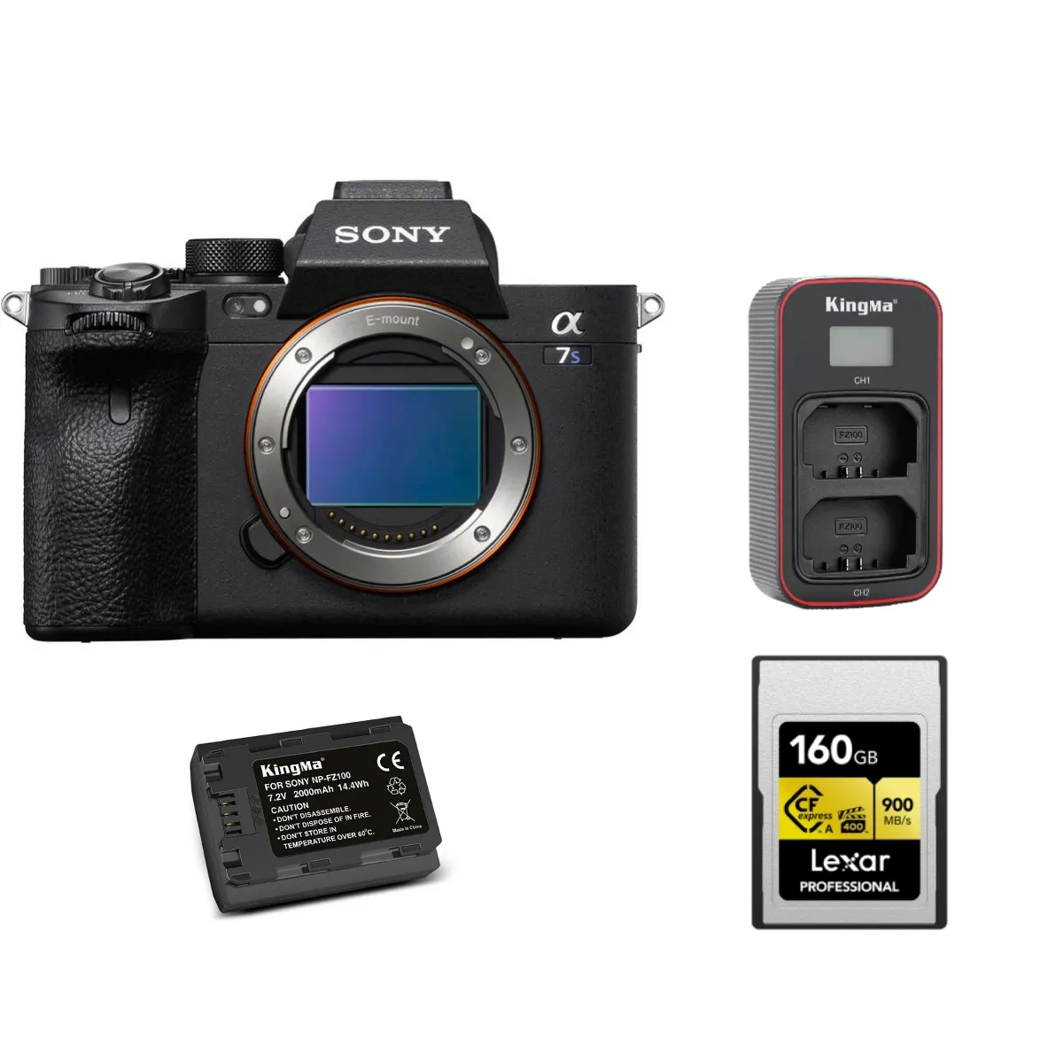 Sony Alpha A7S III Body photo sans miroir + LCAGOLD160G-RNENC TOUGH Memory Card+ Kingma 2000mAh Battery (Sony NP-FZ100)+ Kingma Sony NP-FZ100 LCD Dual USB charger