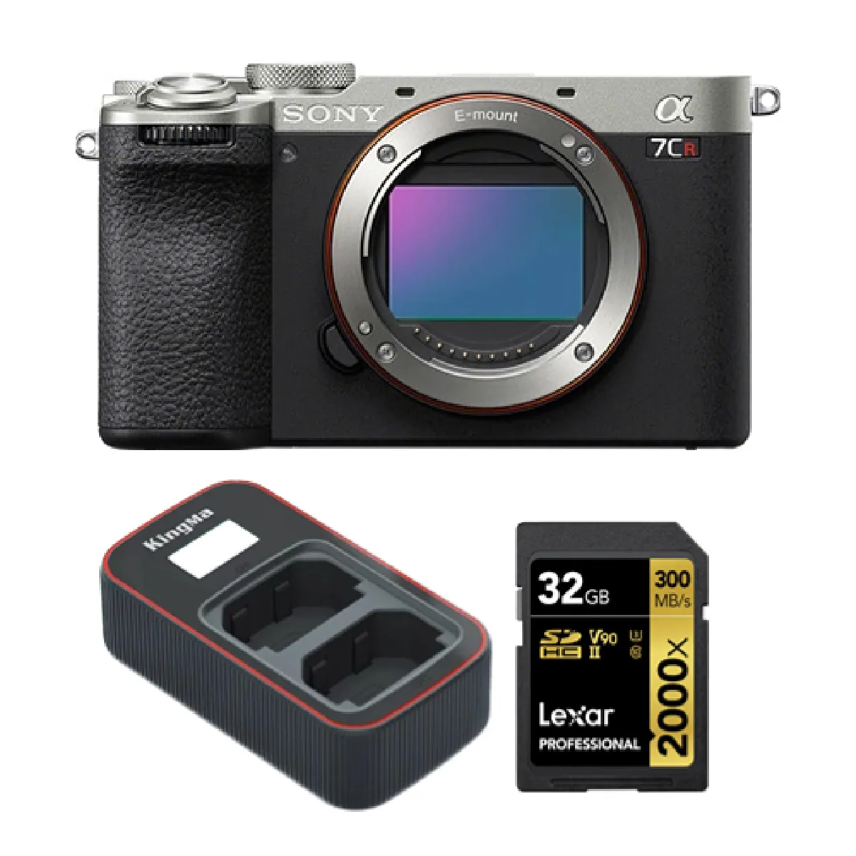 Sony Alpha a7CR Mirrorless Camera (Silver)+Lexar 32GB Professional 2000x UHS-II SDXC Memory Card + Kingma Sony NP-FZ100 LCD Dual USB charger