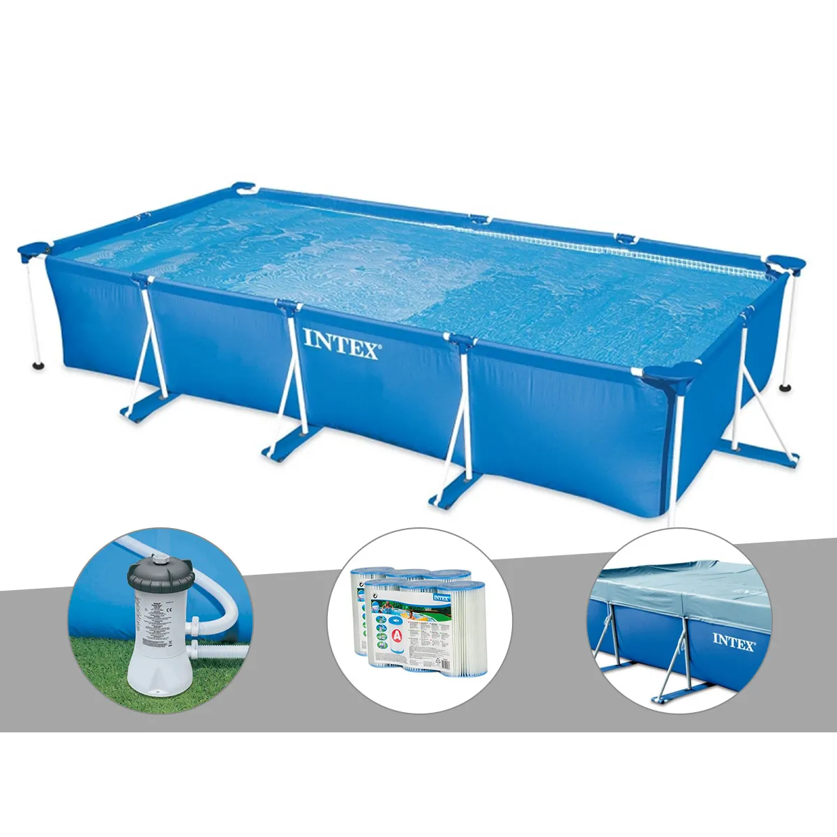 Kit piscine tubulaire rectangulaire Intex 4,50 x 2,20 x 0,84 m + Filtration à cartouche + 6 cartouches de filtration + Bâche de protection