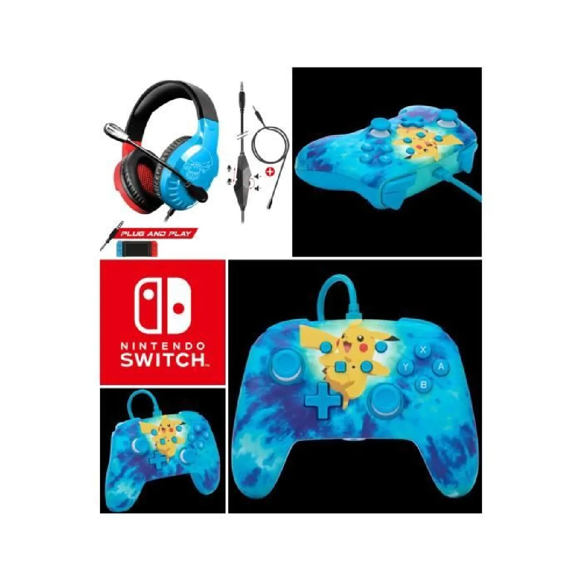 Manette filaire SWITCH Pokémon Pikachu Tie Dye Officielle Nintendo avec Câble USB détachable + CASQUE SWITCH ROUGE BLEU