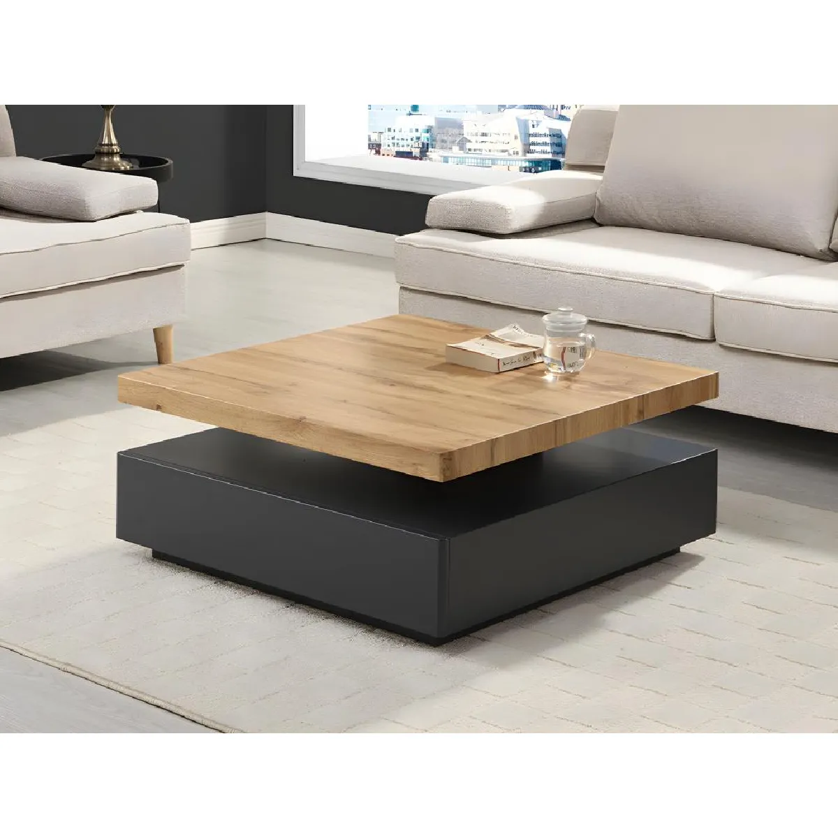 Table basse pivotante avec 1 tiroir en MDF - Anthracite et naturel - KYRIA