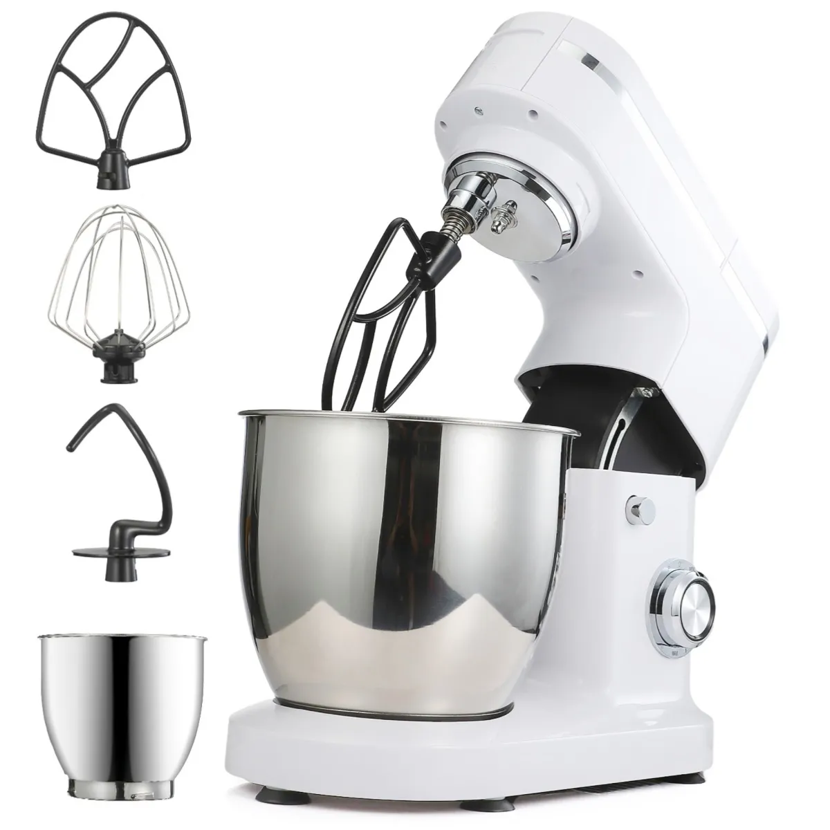 Robot Pâtissier Professionnel 1200W - Blanc - Robot de Cuisine Bol inox 6L - 8 Vitesses - Régulation de la vitesse du jogging