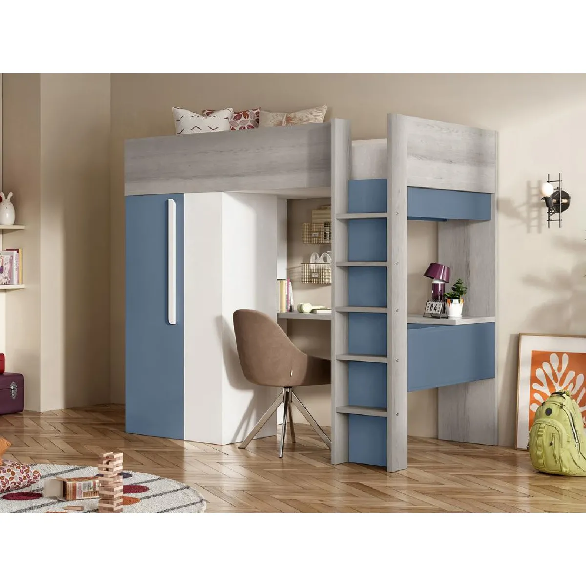 Lit mezzanine 90 x 200 cm avec armoire et bureau - Bleu et blanc + matelas - NICOLAS