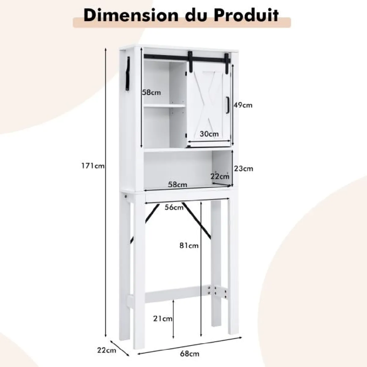 Meuble wc au-dessus de toilettes en bois 3 étagères avec porte coulissante pour salle de bain 68x22x171cm 20_0004922