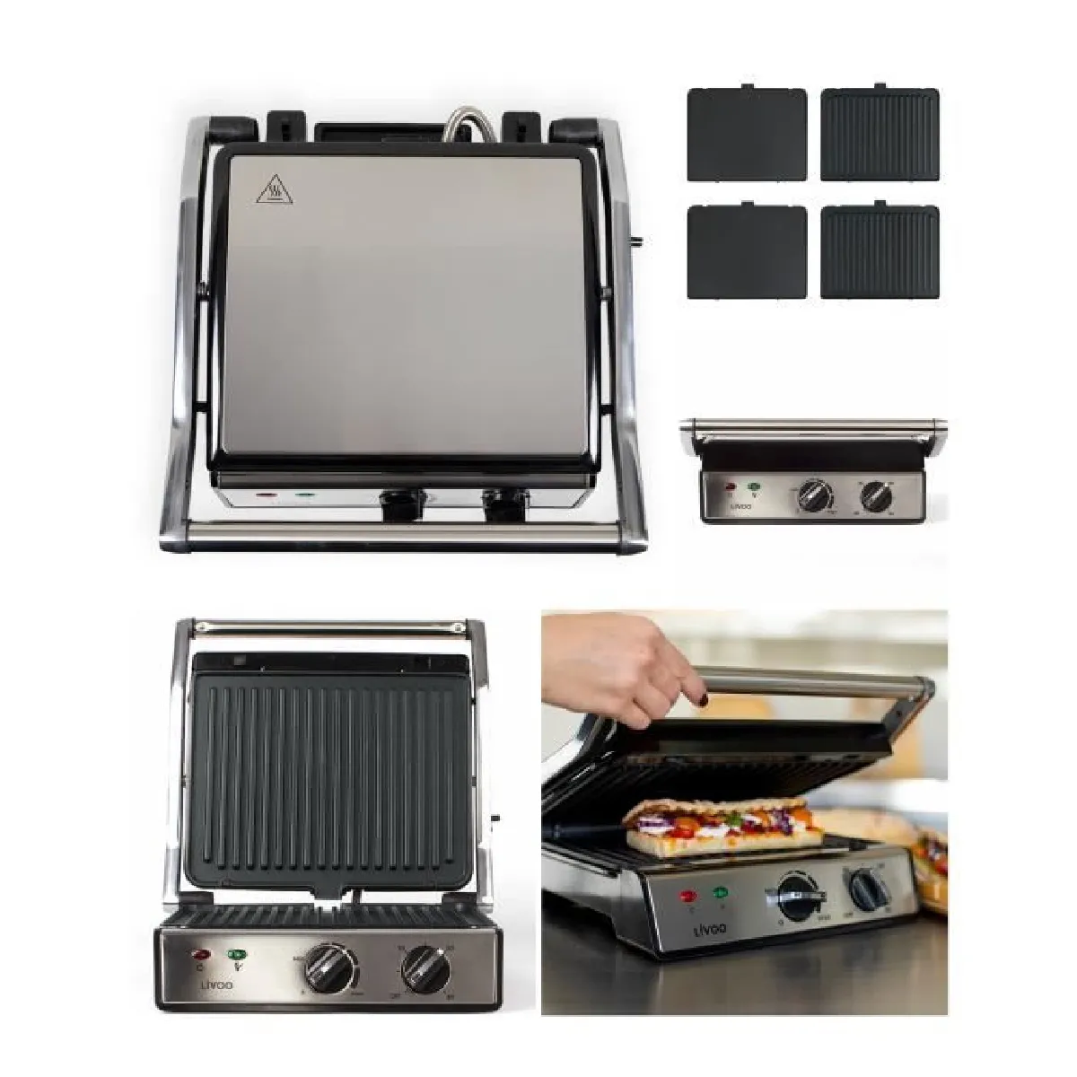 APPAREIL Grill Viande Panini INOX Bac récupérateur de graisse Plaque antiadhésive détachables 2000W Haute qualité