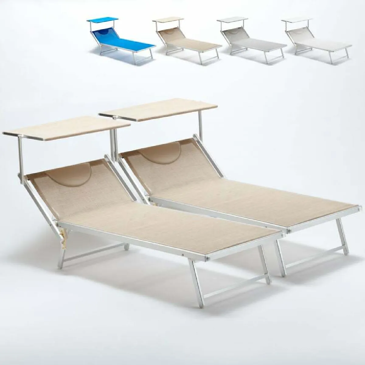 2 Bain de soleil Xxl professionnels chaises longue piscine transat aluminium Italia Extralarge, Couleur: Beige