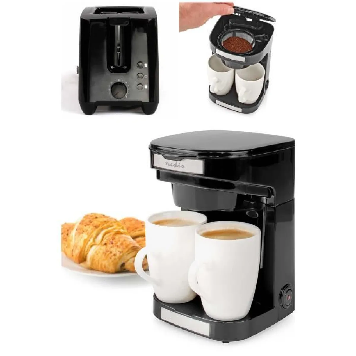 Cafetière électrique 2 Tasses Duo 2 x 0.25l Filtre permanent lavable 450W noir + Grille-pain Noir 750W 2 fentes larges