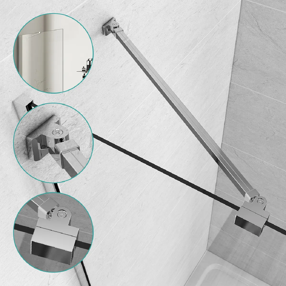 EMKE Barre de Stabilisation 500mm, Barre Stabilisatrice pour Paroi de Fixation de Douche/Paroi de Douche à l'italienne/Sans Cadre Porte de Douche, Barre de Support pour Verre Épais de 6-8 mm, Chromé