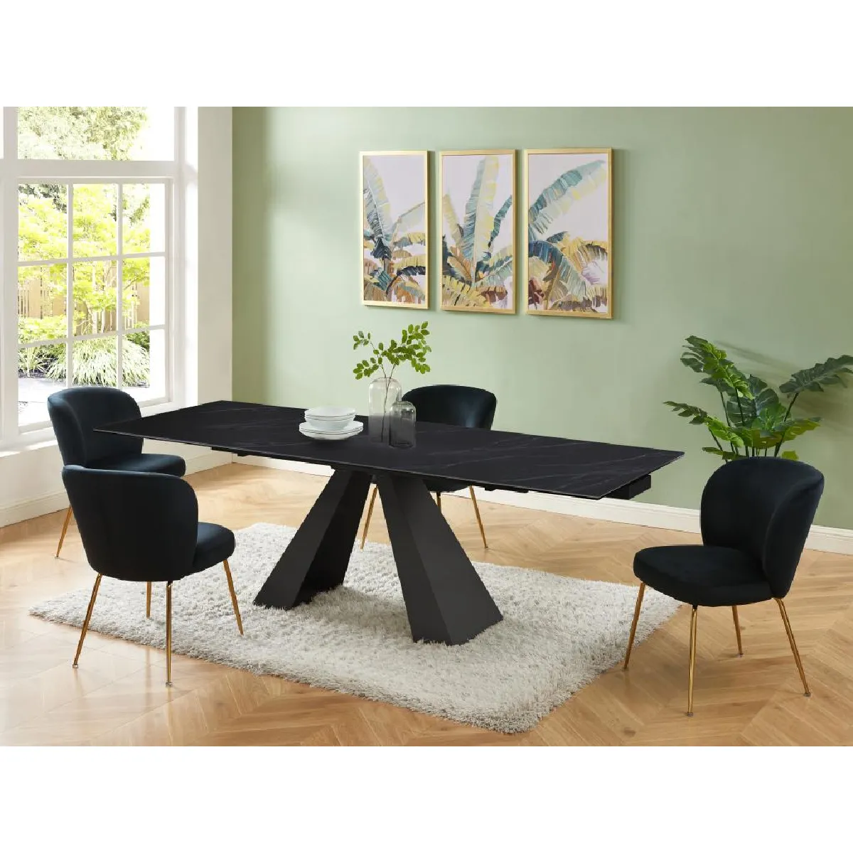 Table à manger extensible 6 à 10 personnes en verre trempé, céramique et métal - Effet marbre noir - LOZIPA de Maison Céphy