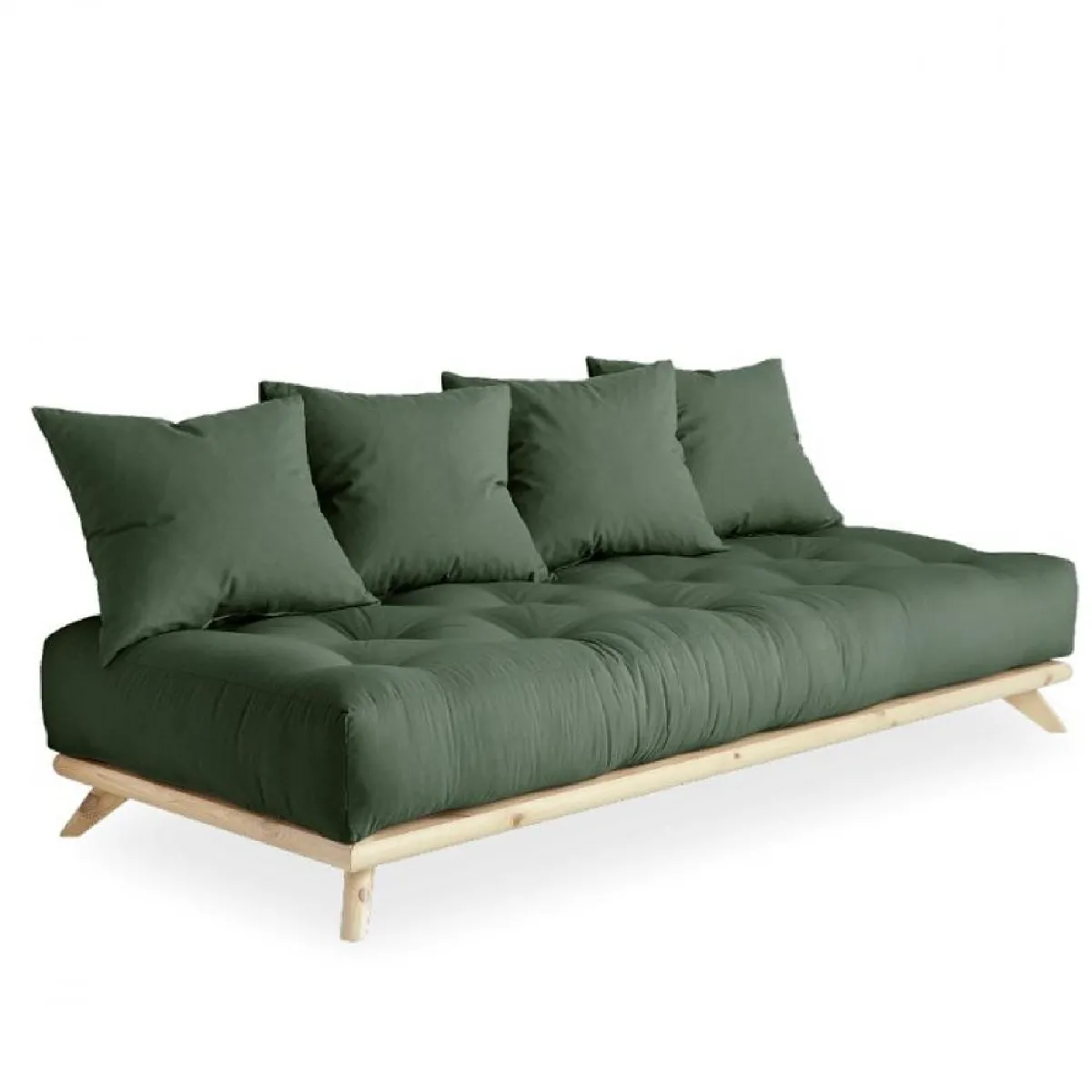 Canapé convertible futon SENZA pin naturel coloris vert olive couchage 90 cm.