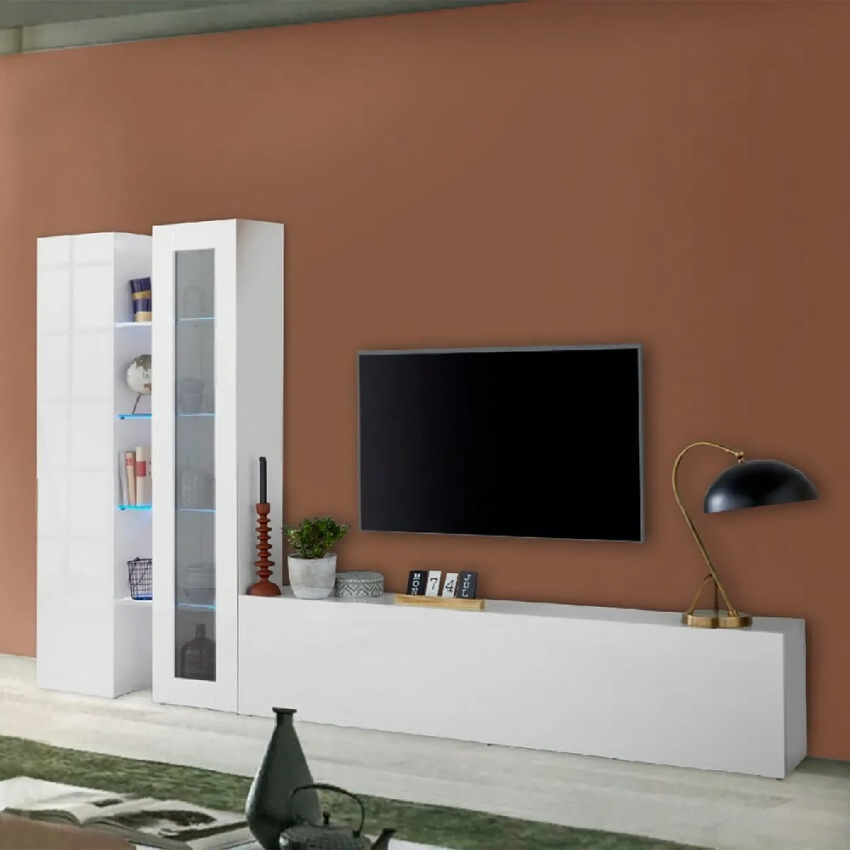 Meuble TV de salon moderne blanc armoire et vitrine Elco WH