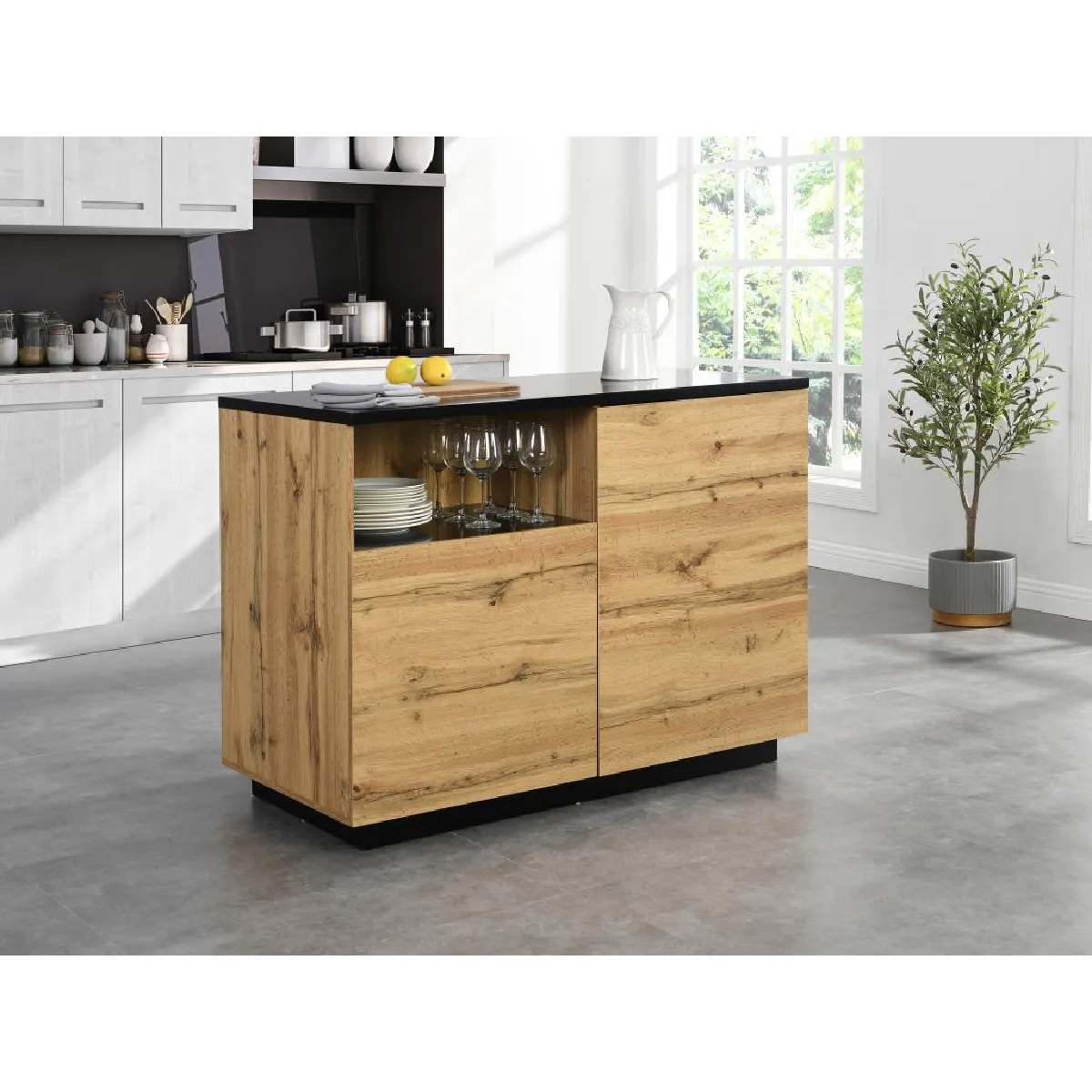 Ilot central de cuisine avec 2 portes et 1 niche en MDF - Naturel et noir - CORELINA