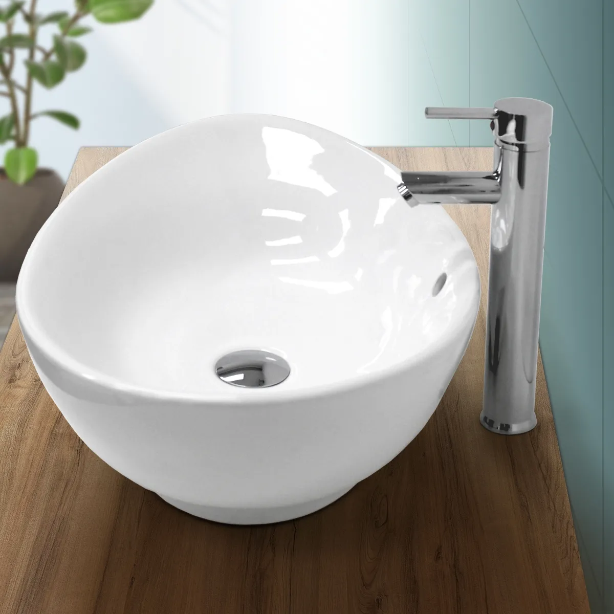 ECD Germany Vasque à Poser Lavabo Salle de Bain - Ovale - 590 x 390 x 200 mm - en Céramique - Blanc - avec Kit de Vidange - Lave-Main Évier Suspendu Toilette - avec Trop-Plein et Trou de Robinet