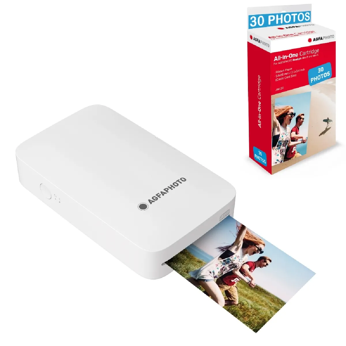 AGFA PHOTO - Pack Imprimante Realipix Mini P + Cartouches et Papiers AMC pour 30 photos - Imprimante Photo Format 5,3 x 8,6 cm via Bluetooth - Sublimation Thermique 4Pass - Blanc - Blanc