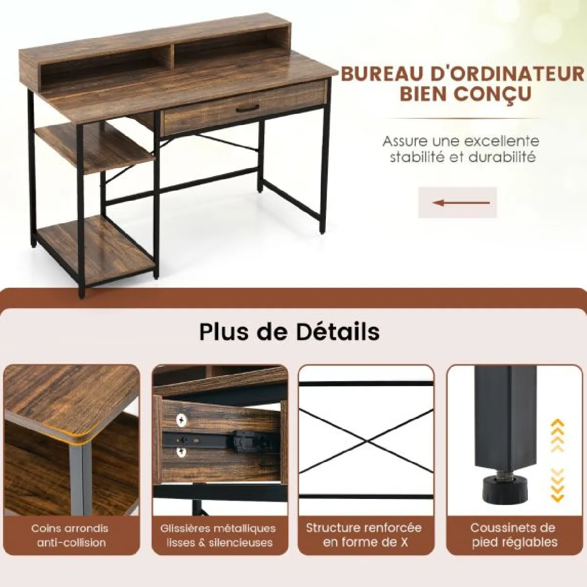 Bureau d'ordinateur avec étagère pour moniteur bureau informatique avec tiroir de rangement et 2 étagères ouvertes style industriel 120 x 56 x 90,5 cm marron 20_0007985