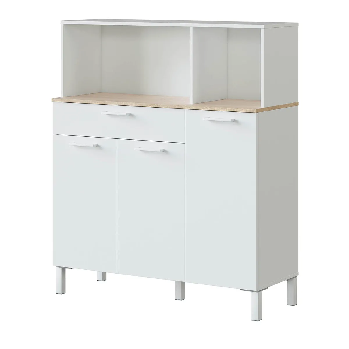 Buffet meuble cuisine 3 portes + tiroir coloris blanc artic / chêne canadien - Hauteur 126 cm x Longueur 108 cm x Profondeur 40 cm