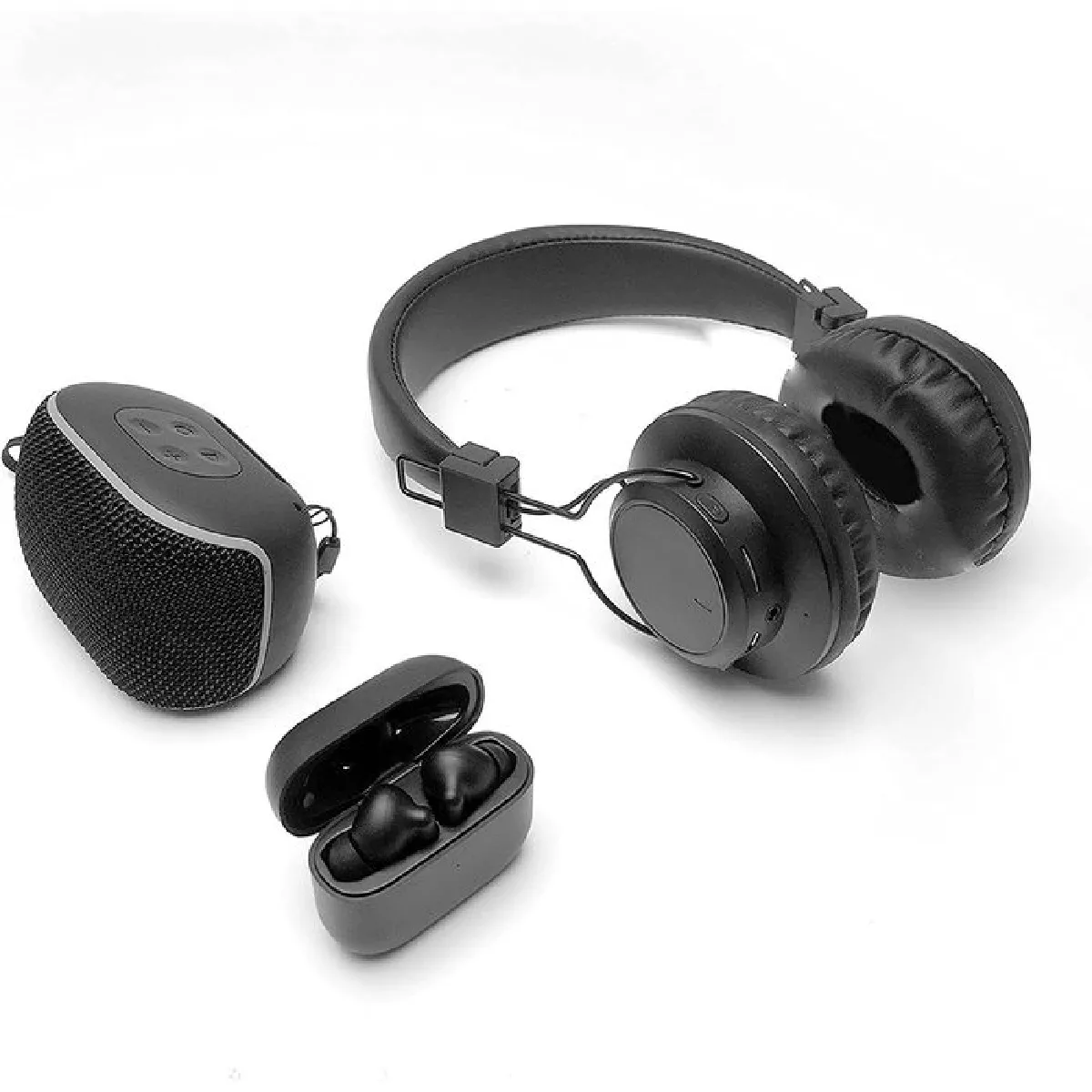 Ledwood Pack Happy Geek Bluetooth 3 en 1 Écouteurs sans Fil, Casque et une Enceinte Noir