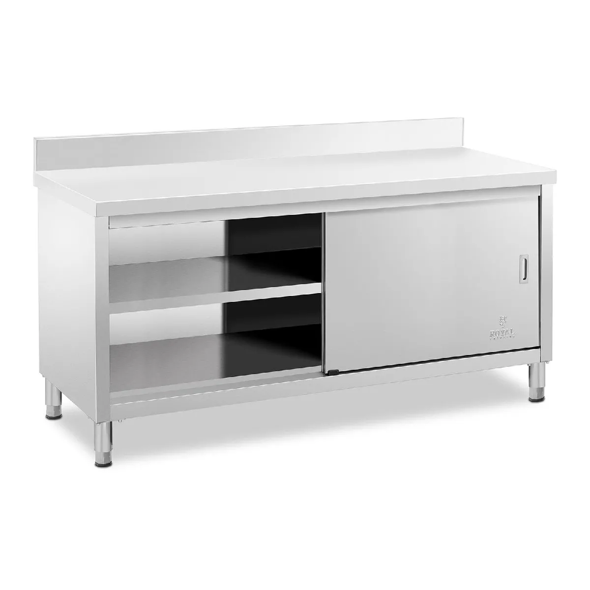 Meuble bas en acier inoxydable plan de travail cuisine armoire avec portes coulissantes avec dosseret 180 x 60 cm capacité de 600 kg 14_0005095