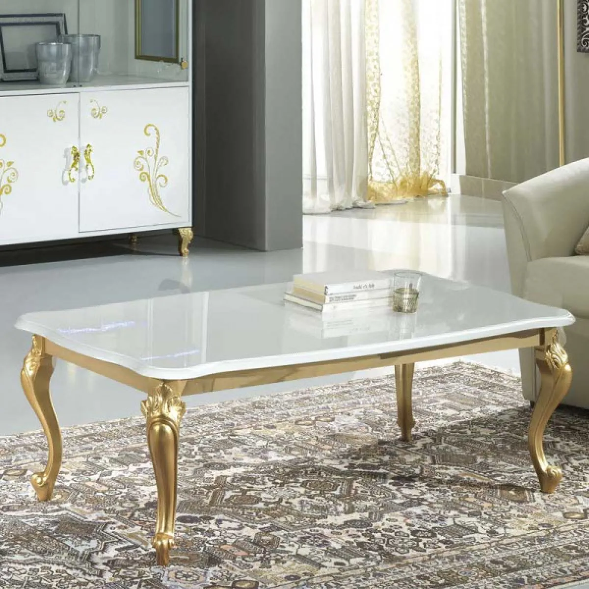 Table basse Laque Blanc Brillant / Or - SEBORGA