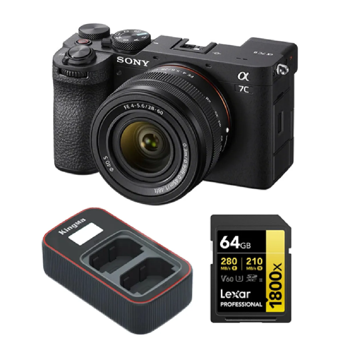 Sony A7C II Kit (28-60mm) Noir Boîtier+Lexar 64GB Professional 1800x UHS-II SDXC Memory Card +Kingma Sony NP-FZ100 LCD Dual USB charger