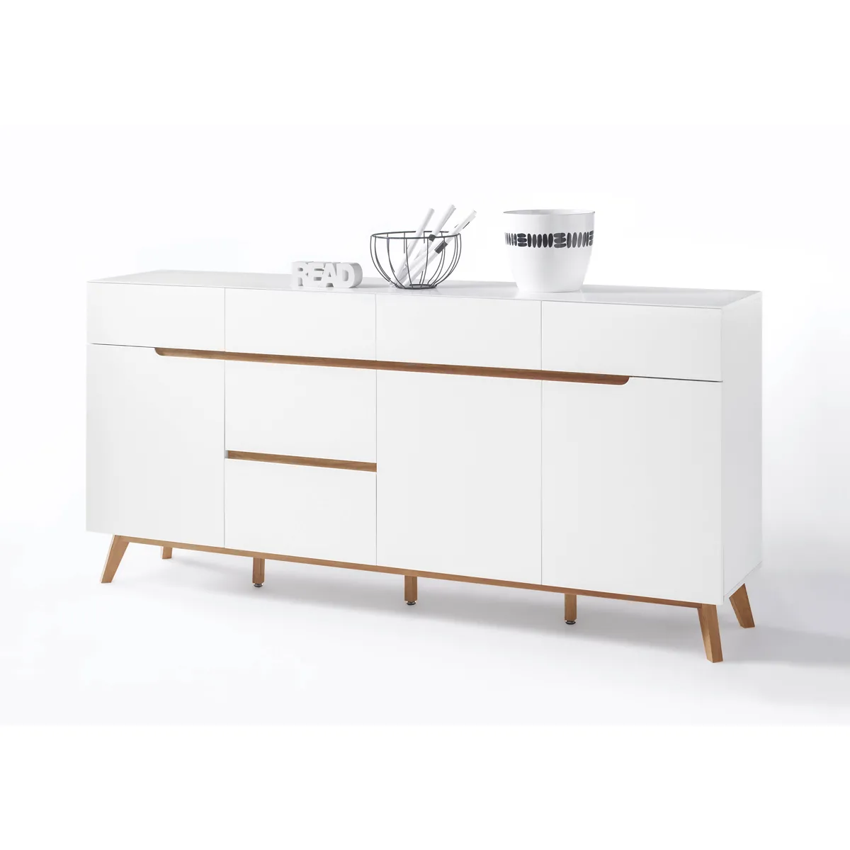 Commode en laqué blanc mat avec piètement en chêne - L193 x H95 x P40 cm