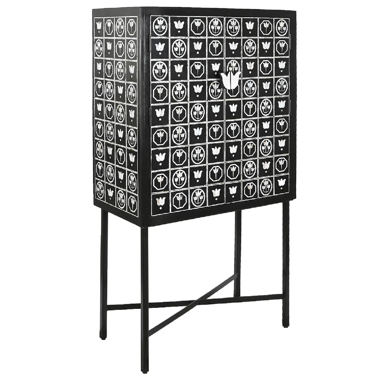 Meuble de bar, meuble de rangement avec 2 portes en métal noir et blanc - longueur 80 x profondeur 40 x Hauteur 153 cm