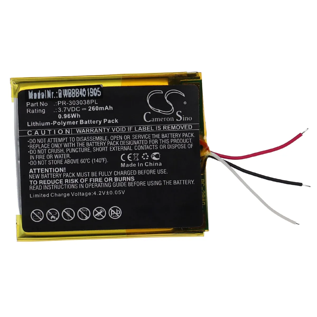 vhbw Batterie remplacement pour SanDisk PR-303038PL pour lecteur de musique MP3 (260mAh, 3,7V, Li-polymère)