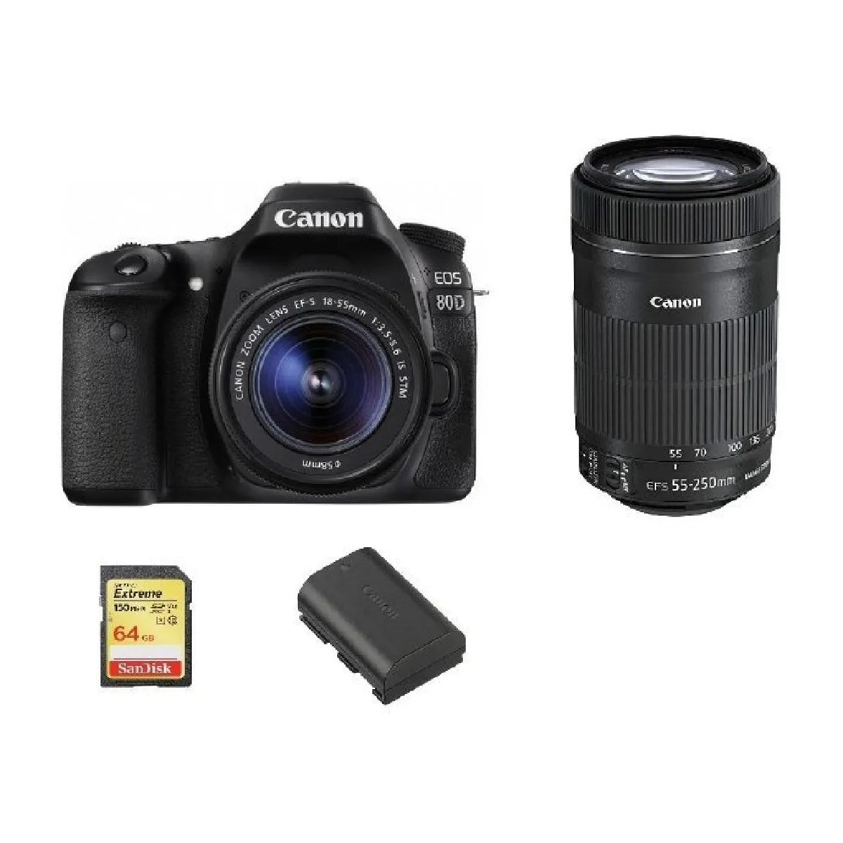 CANON EOS 80D KIT EF-S 18-55mm F3.5-5.6 IS STM + EF-S 55-250mm F4-5.6 IS STM (White Box) + 64GB SD card + LP-E6N Battery