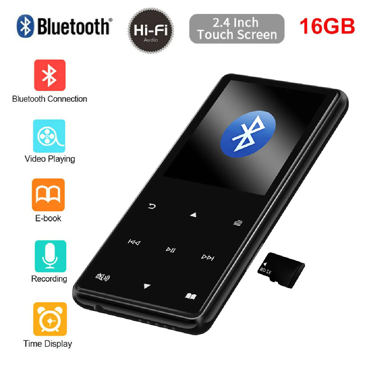 16GB 100H Bluetooth Hifi MP3 MP4 Player Walkman Lossless Recorder Pen Radio FM - Noir