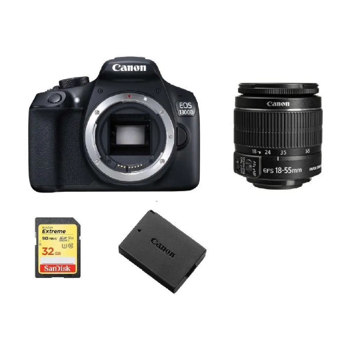 CANON EOS 1300D KIT EF-S 18-55mm F3.5-5.6 IS II + 32GB SD card + LP-E10 Battery