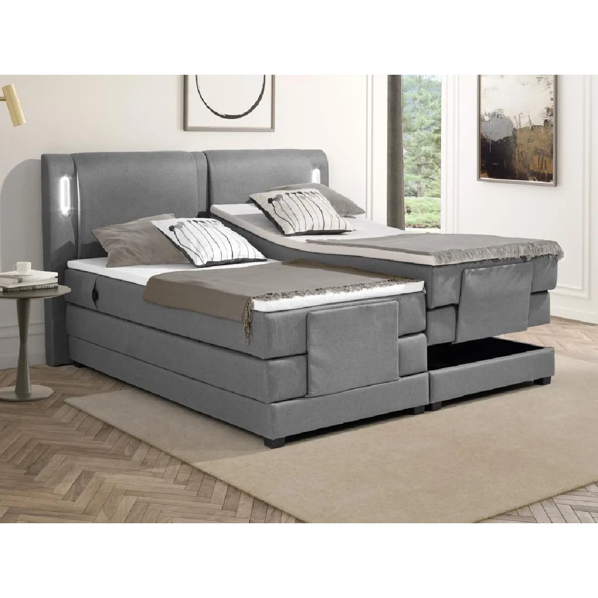 Ensemble complet boxspring tête de lit avec leds + sommiers relaxation électrique + matelas + surmatelas - 2 x 80 x 200 cm - Tissu - Gris clair - ASTEMI de PALACIO