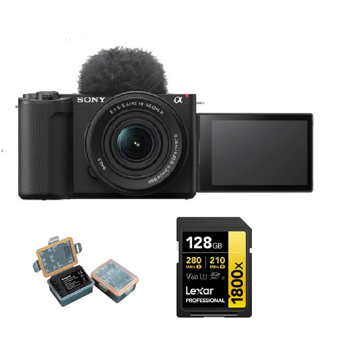 Sony ZV-E10 II Mirrorless Camera with 16-50mm Lens (Noir)+Kingma 2000mAh Battery (Sony NP-FZ100)+Lexar 128GB Professional 1800x UHS-II SDXC Memory Card