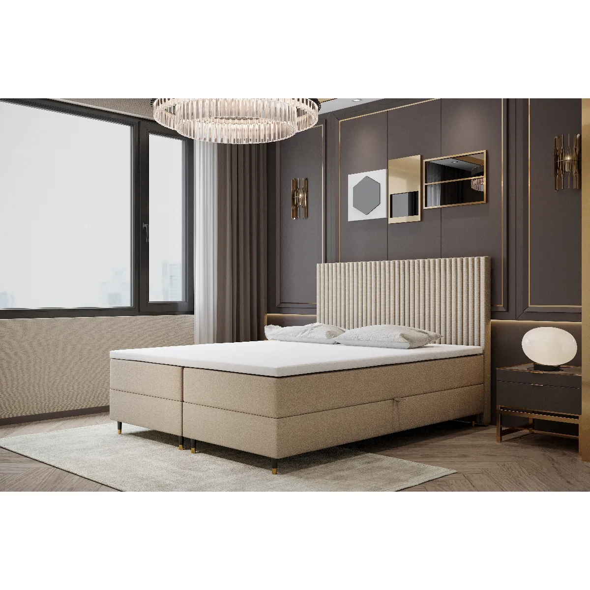 Lit double adulte ESTEPONA avec matelas, rangement et surmatelas 140x200 beige