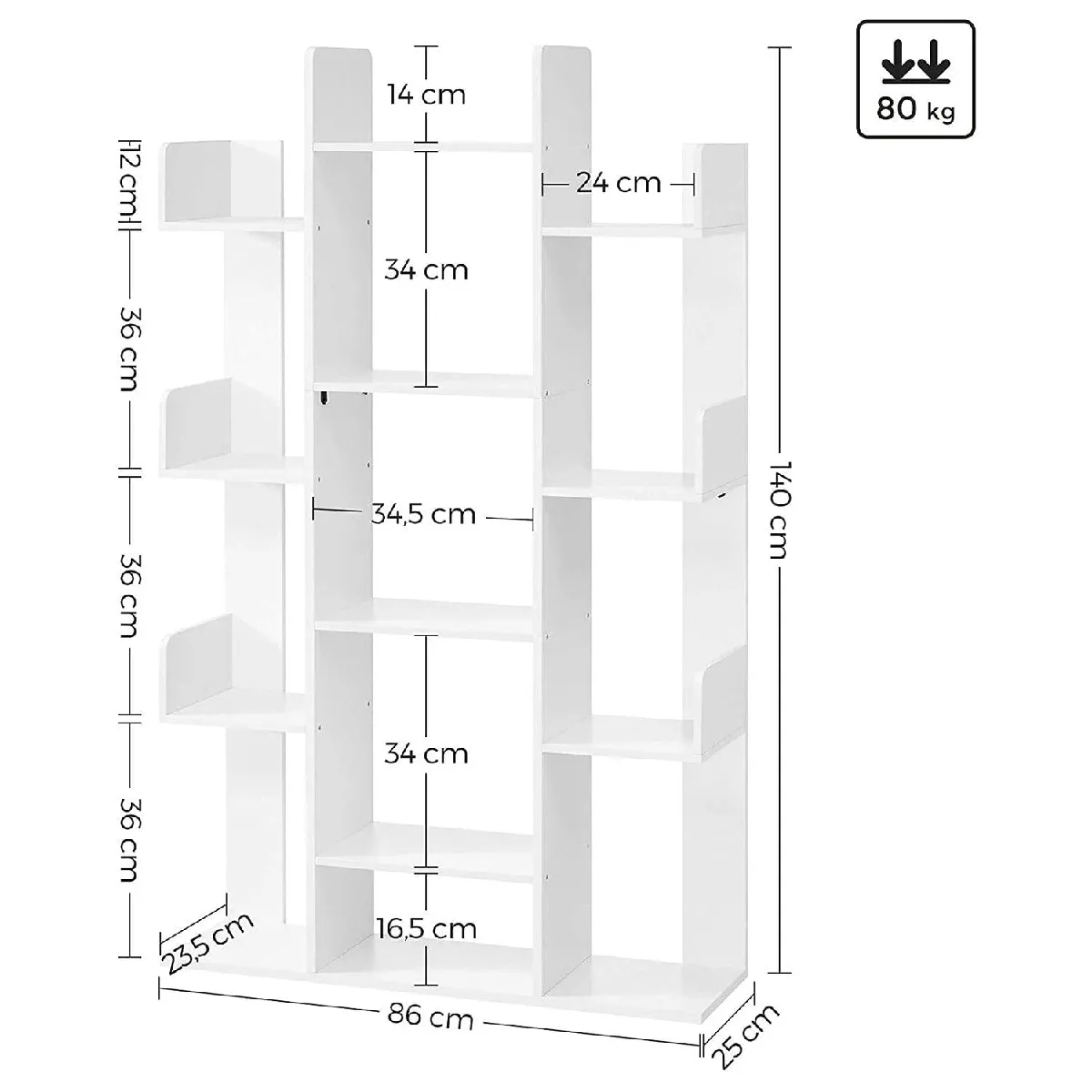 Bibliothèque arbre étagère à 13 compartiments meuble de rangement 86 x 25 x 140 cm avec coins arrondis et rebords blanc 12_0001464