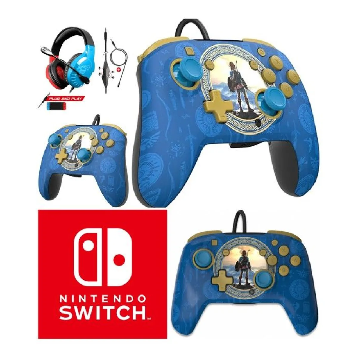 CASQUE PC NINTENDO SWITCH ROUGE ET BLEU + Manette Filaire REMATCH SWITCH ZELDA HYRULE REMATCH Officielle Nintendo Switch original