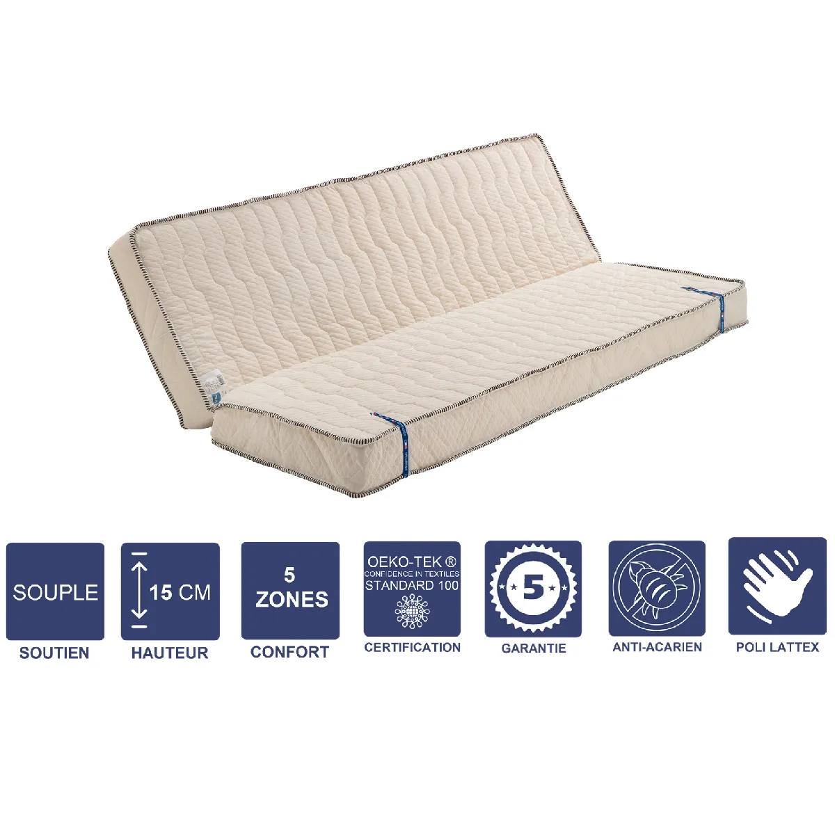 Matelas Souple Pour tous Clic Clac 140x200 x 15 cm + Oreiller Visco + Latex Naturel sur Face Hiver - Dim Assise 70 cm - 5 zones de Confort - Face été et Ame Poli Lattex Haute Résilience - Hypoallergénique