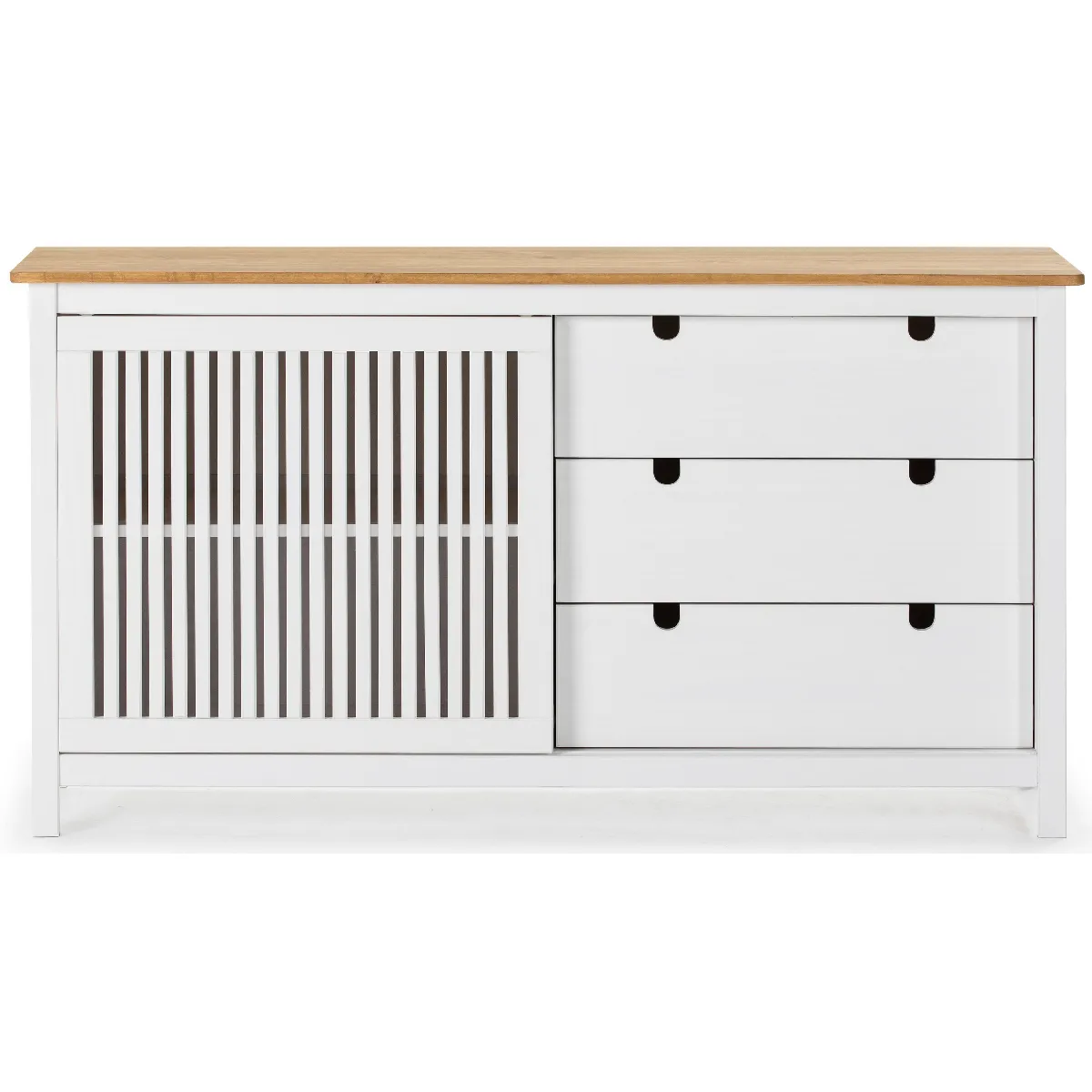 Buffet bas en pin massif décor ciré chêne et blanc, meuble de rangement - Longueur 150 x Profondeur 40 x Hauteur 80 cm