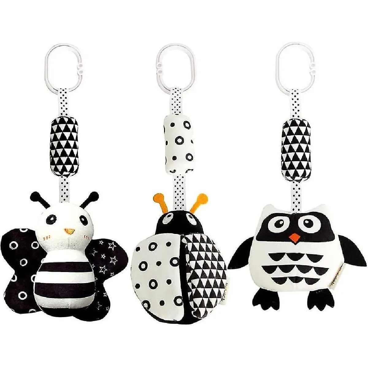 3 pack de jouets à hochet suspendus, jouets pour bébé à contraste élevé et jouets de poussette en peluche pour bébés de 0 à 18 mois, jouets de siège d'auto pour nouveau-né avec dessin animé noir et blanc