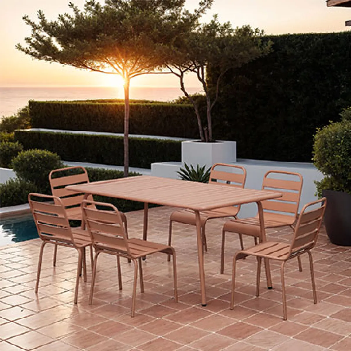 Ensemble table de jardin + 6 chaises en métal terracotta - BACA