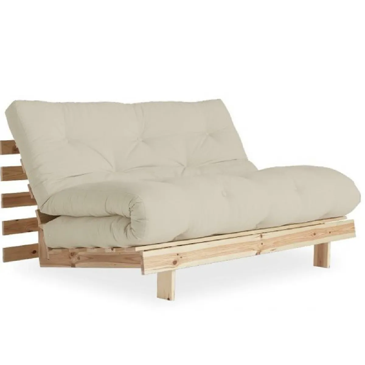 Canapé convertible futon ROOTS pin naturel coloris beige couchage 140*200 cm.